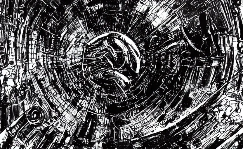 Image similar to spaceship airlock by tsutomu nihei, inked, minute details, desolation, hyper realistic, cosmic horror, biomechanical, beautiful