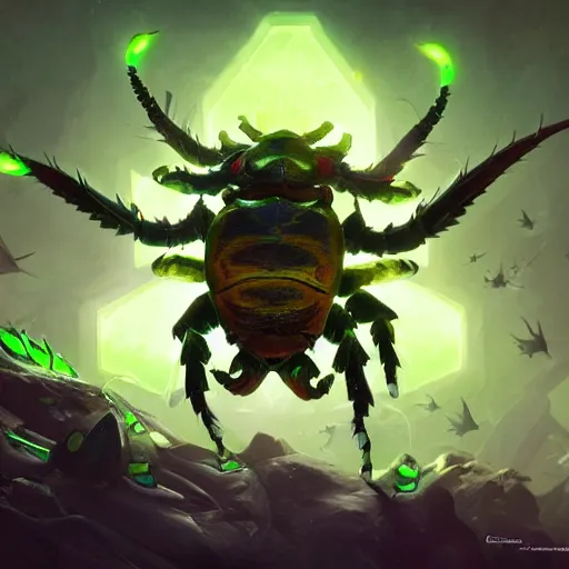 Prompt: a giant glowing horned beetle, horned beetle, green theme, bright art masterpiece artstation. 8 k, sharp high quality artwork in style of jose daniel cabrera pena and greg rutkowski, concept art by tooth wu, blizzard warcraft artwork, hearthstone card game artwork, horned beetle