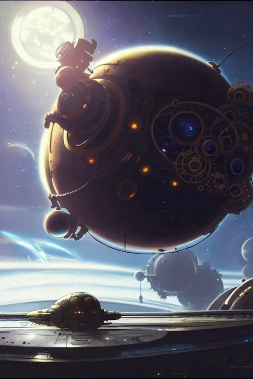 Image similar to steampunk spaceship infront of a planet, exquisite details, denoised, mid view, by karl kopinski, artsation, greg rutkowski, makoto shinkai, takashi takeuchi, studio ghibli