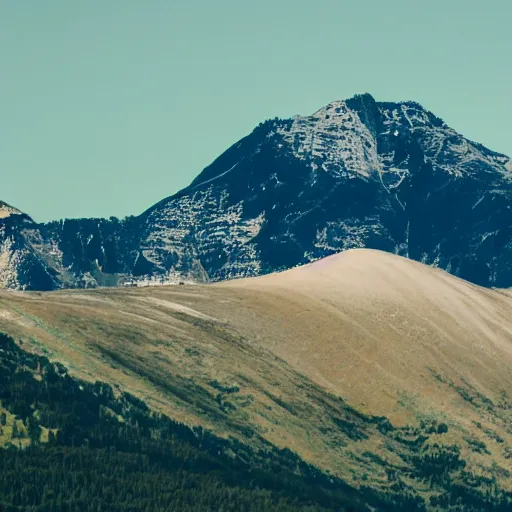 Image similar to a realistic, detailed telephoto photograph of a distant mountain shaped like an ice cream cone