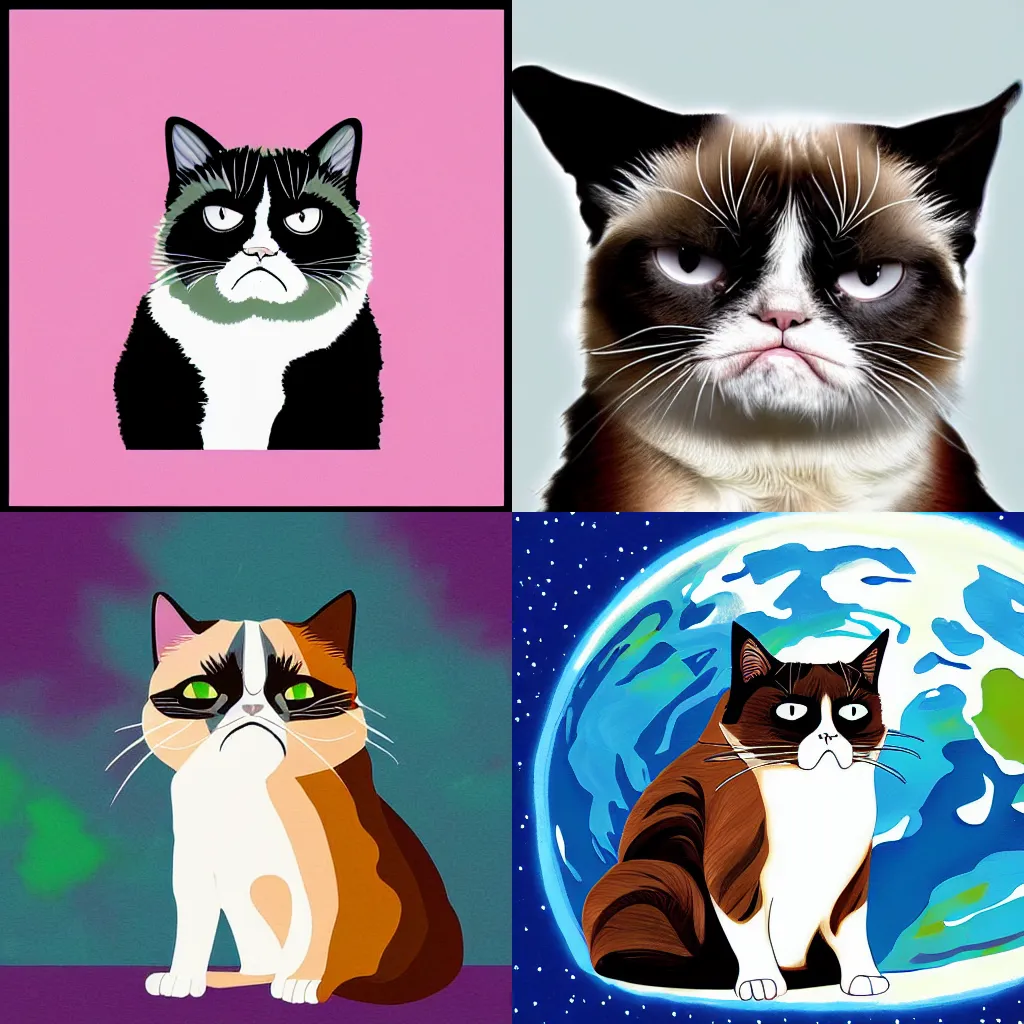 Prompt: A grumpy cat sitting on planet earth, digital art