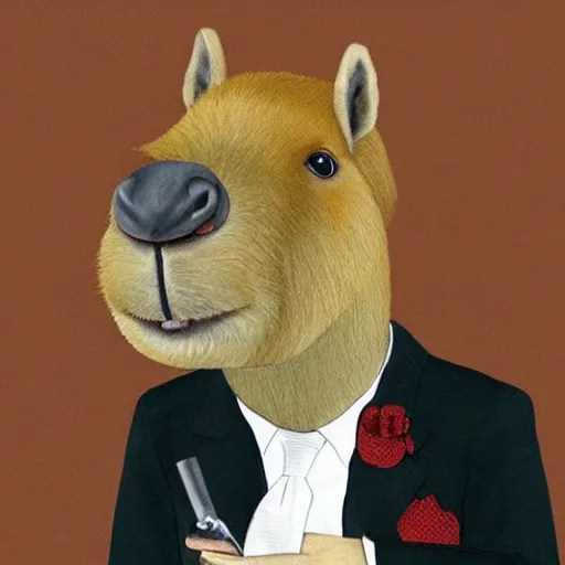 Image similar to an antropomorphic capybara wearing a suit smoking a cigar