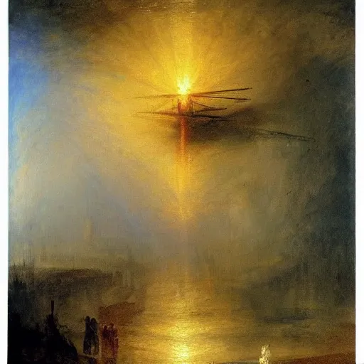 Prompt: painting by J M W Turner of an airship