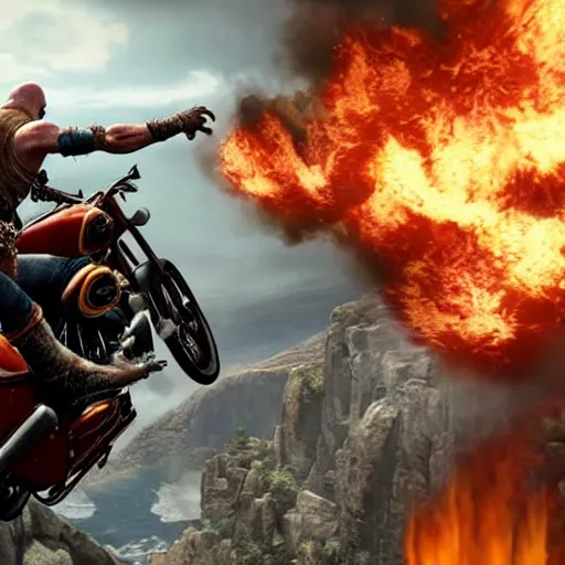 Image similar to kratos jumping a black harley - davidson motorcycle off a cliff, cinematic render, playstation studios official media, god of war 2 0 1 8, flames, centered