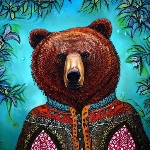 Prompt: a candid portrait of a bear wearing a paisley shirt, highly detailed, portrait painting, fairytale, fantasy, illustration by scott gustafson and art station