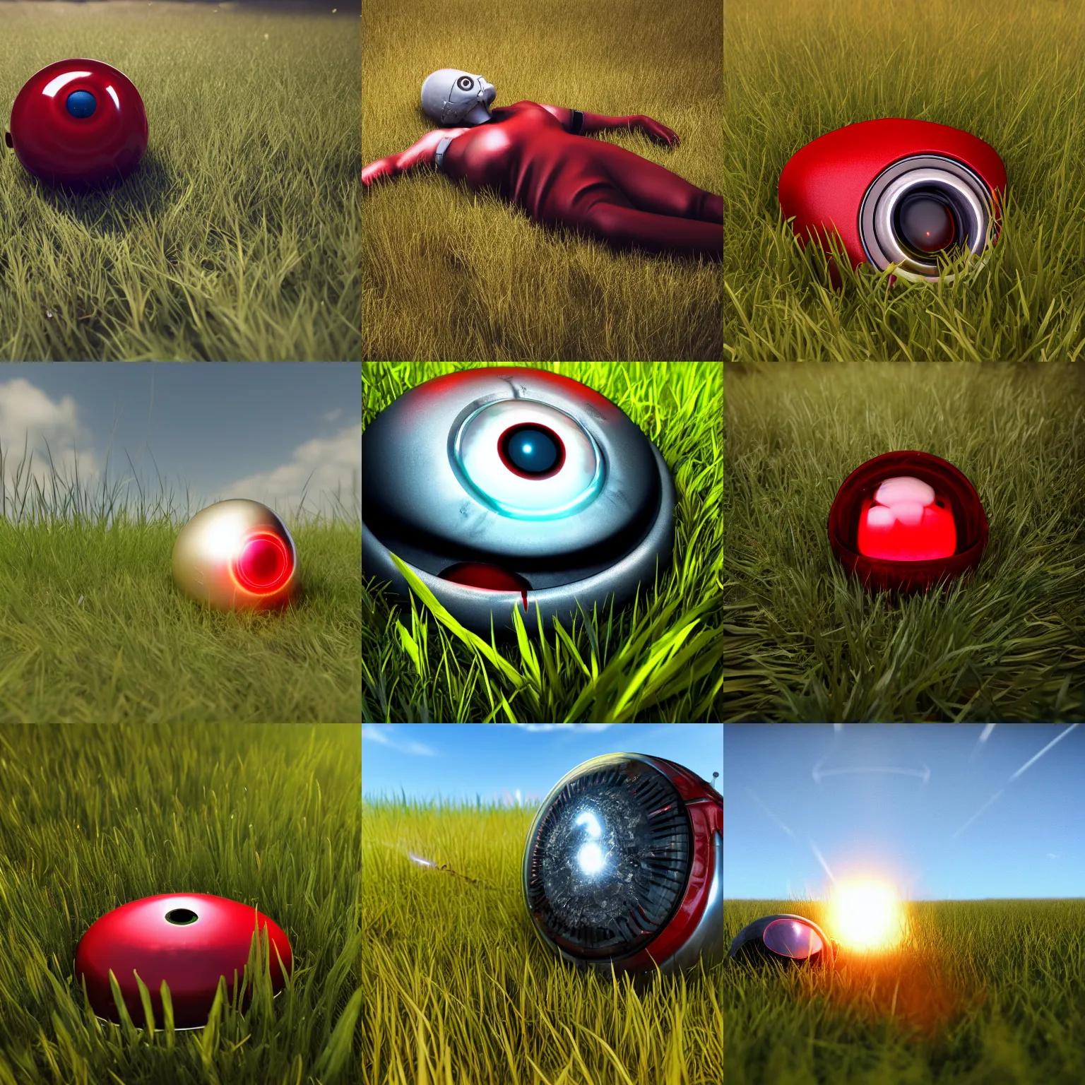 Prompt: shining red eye implant lying in the grass, unreal engine octane render, 8k, high details