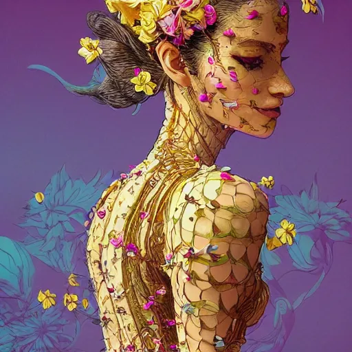 Prompt: the portrait of an incredibly beautiful, graceful, and elegant woman made of bananas and petals, an ultrafine detailed illustration by kim jung gi, irakli nadar, intricate linework, bright colors, final fantasy, behance contest winner, angular, unreal engine 5 highly rendered, global illumination, radiant light, detailed and intricate environment