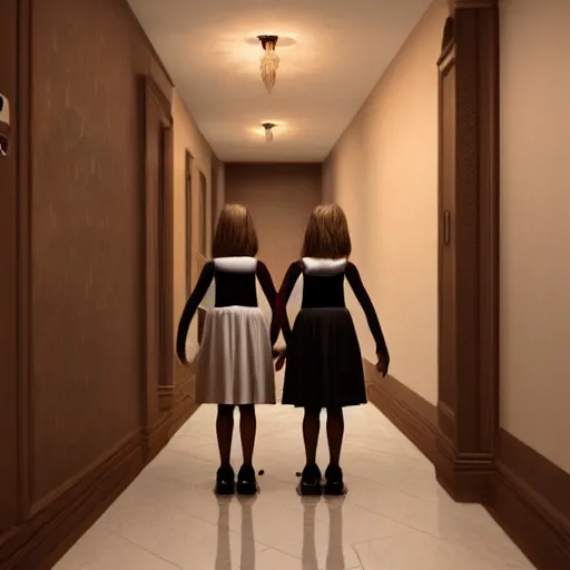 Prompt: twin girls standing at the end of a hotel hallway wearing dresses, 4 k, vintage, scary, scary movie, trending on artstation, uncanny valley