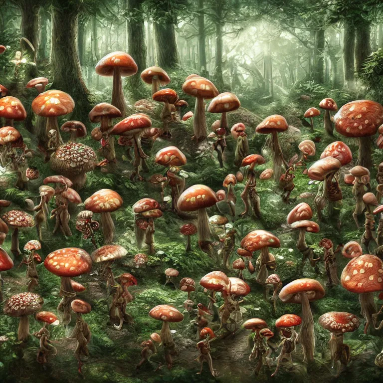 Image similar to hyper detailed mushroom elves in the forest digital art, 4k, artstation deviantart studio lighting