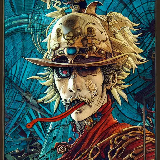 Image similar to portrait of crazy pirate, symmetrical, depth of field, by yoichi hatakenaka, masamune shirow, josan gonzales and dan mumford, ayami kojima, takato yamamoto, barclay shaw, karol bak, yukito kishiro