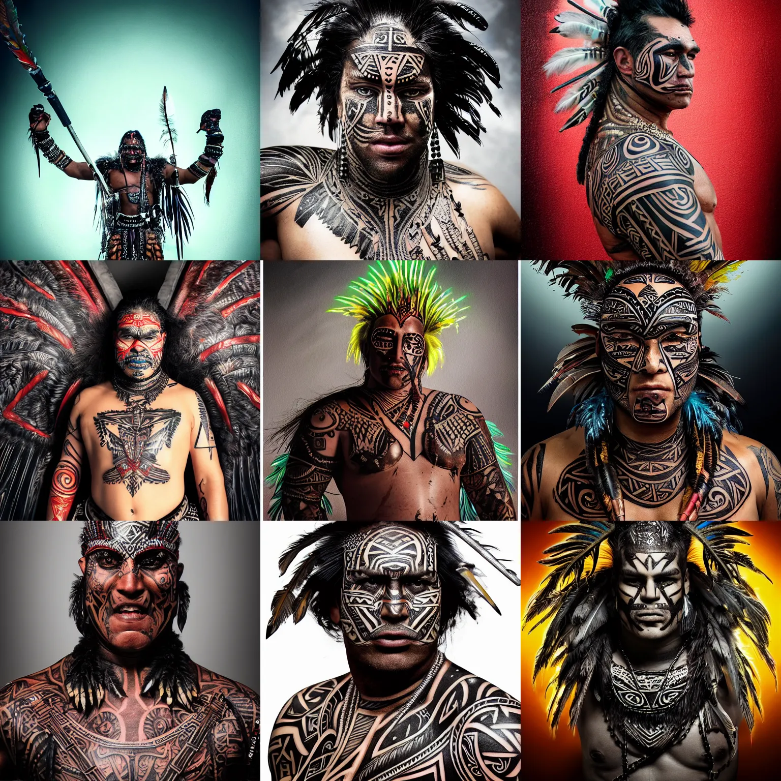 Prompt: editorial full body photo portrait of enormous Maori warrior with a mace and glowing tribal futuristic tattoos on his face, warrior body, feathers and paint, photo by mario testino, cinematic, hyper detailed, micro details, insanely detailed, trending on artstation,dark background, dramatic lighting, cinematic angle, concept art, insanely detailed and intricate
