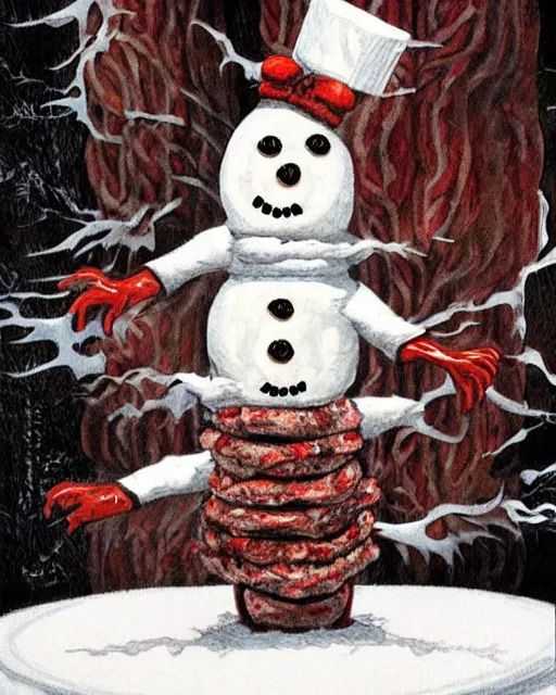 Image similar to meat snowman, horror art by beksinksy, bernie wrightson