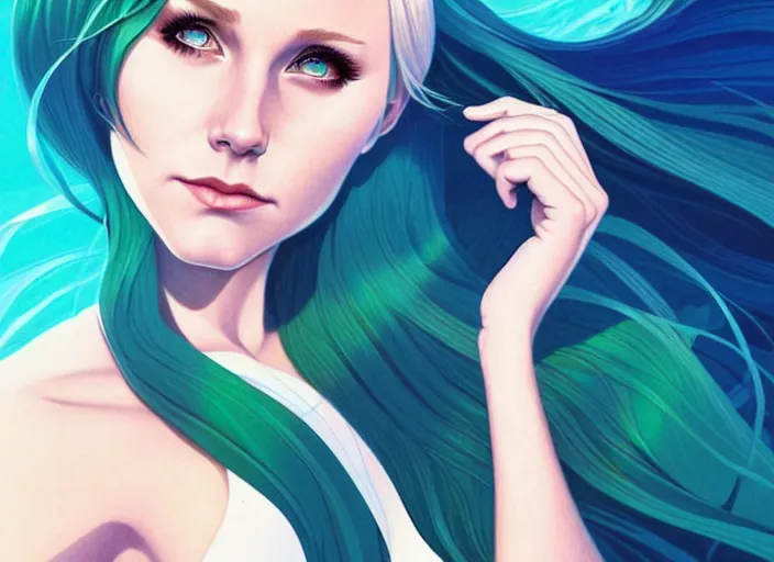 Image similar to style artgerm, joshua middleton, beautiful kristen bell with green dress, very long blue hair, symmetrical face, symmetrical eyes, water powers water swirling, detailed, beach setting, cinematic lighting