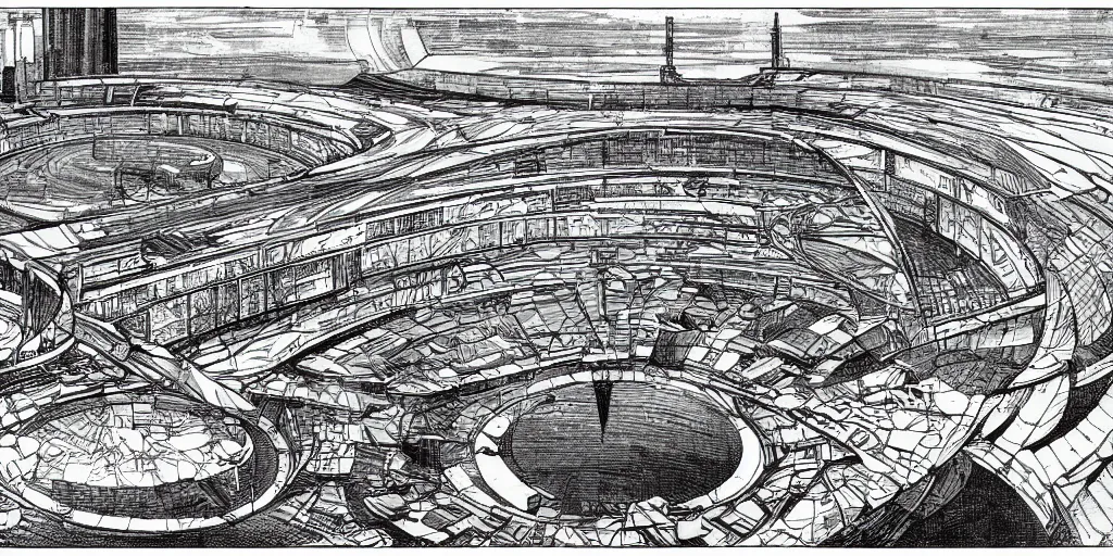 Prompt: architectural overview of a science fiction space port, drawn by James Joyce, in the style of Moebius