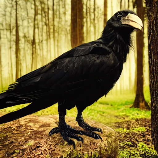 Image similar to werecreature consisting of a crow and a human, werecrow, photograph captured in a dark forest