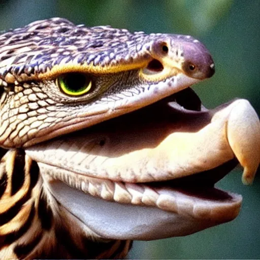 Image similar to hawk and crocodile morphed together, half crocodile, half hawk, real picture taken in zoo, realistic hawk proportions, head of crocodile is seamlessly merged with hawk head, toothy beak,