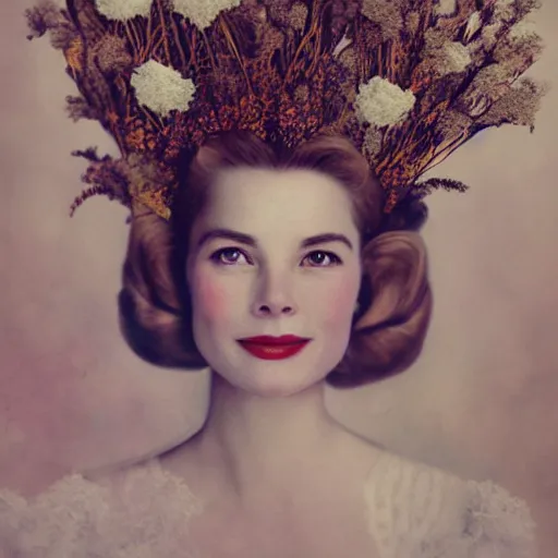 Image similar to fine art photo of grace kelly, she has a crown of dried flowers, by oleg oprisco