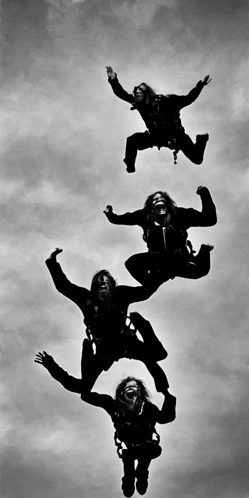 Prompt: a skydiving falling happy screaming old man, long hair, arching, jumping, national cheographic, by annie leibovitz