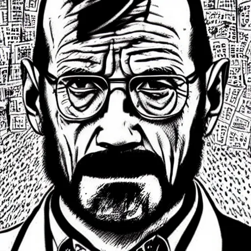 Image similar to The Artwork of R. Crumb and his Cheap Suit Breaking-Bad-Walter-White, pencil and colored marker artwork, trailer-trash lifestyle