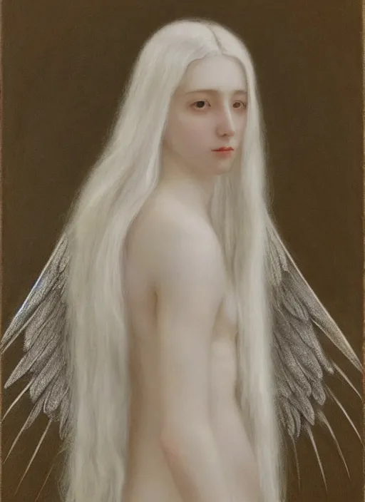 Prompt: thin young wan beautiful angel, silver hair so long, pale!, long silver hair, silver angel wings, smooth skin, wan adorable korean face, silver hair!!, style of fernand khnopff and lucien levy - dhurmer, oil on canvas, 1 8 6 2, 4 k resolution, aesthetic! beautiful!,