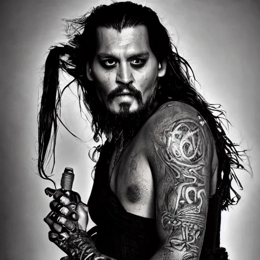 Image similar to portrait of johnny depp as khal drogo from games of thrones, mascular, broad shoulder, long beard with locks, very long straight hair, tattooed body, six packs, symmetrical, nikon 3 5 mm photography, ultrarealistic