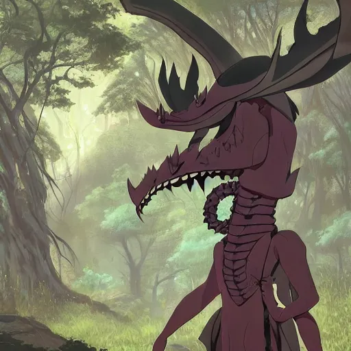 Image similar to concept art painting of an anthropomorphic dragon king with black robes, a long neck, and skull mask, in a deep forest, cel shaded, in the style of makoto shinkai and james gurney and studio ghibli and moebius