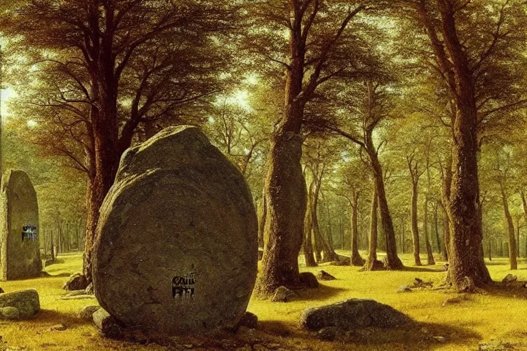 Image similar to runestone, runic inscription, megalithic, monument, nature, trees, focused, centered, very detailed, norse, histor, oil painting, Albert Bierstadt