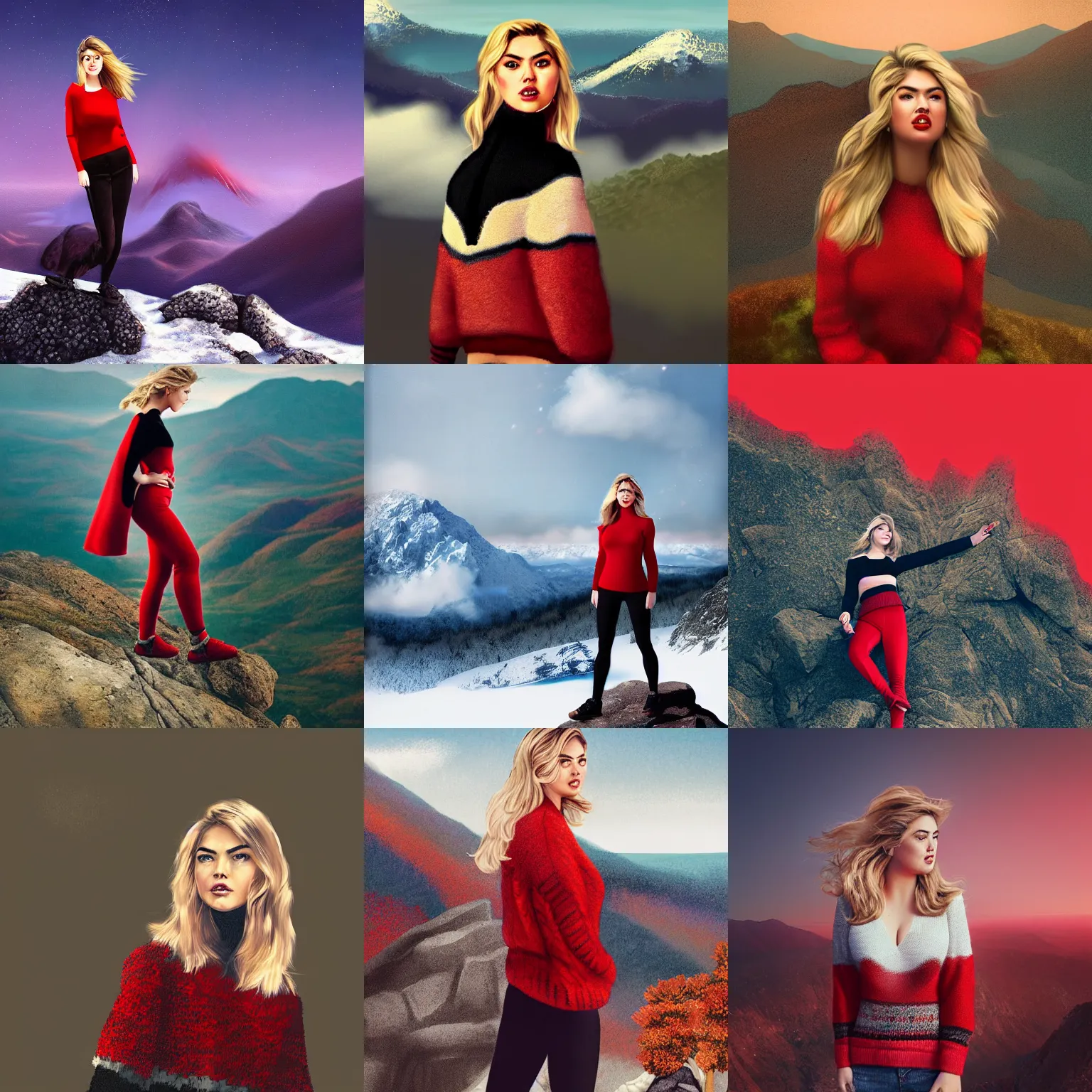 Prompt: kate upton standing on top of the mountain, wearing sweater, digital art, red and black color palette, by wlop
