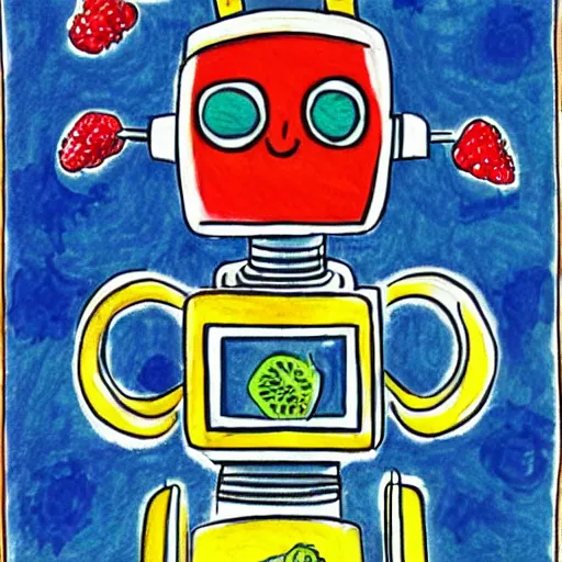 Image similar to A robot dreaming about drawing a picture of fruit, anime