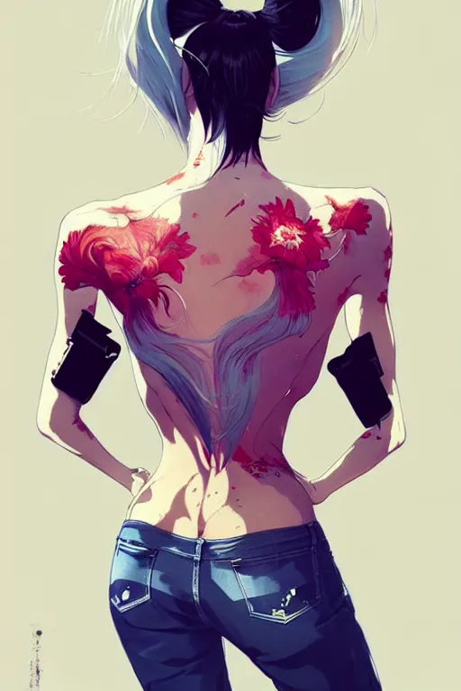 Image similar to a ultradetailed beautiful back painting of a stylish woman with white hair in a short pony tail, she is wearing jeans, by conrad roset, greg rutkowski and makoto shinkai trending on artstation