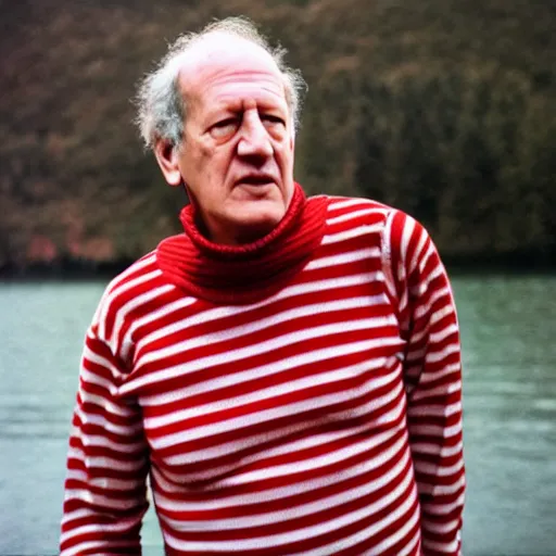 Image similar to werner herzog wearing a where's wally red and white striped turtleneck top. realistic photo.