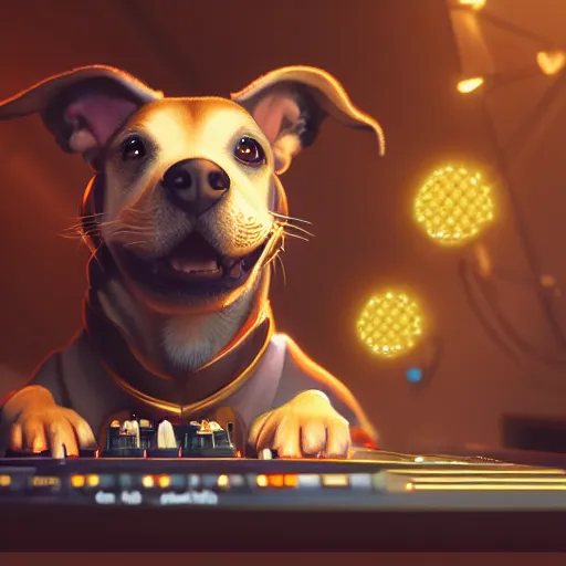 Image similar to puppy as a DJ, 8k, fantasy, intricate, cinematic lighting, highly detailed, digital painting, artstation, concept art, smooth, sharp focus, illustration, by Pixar