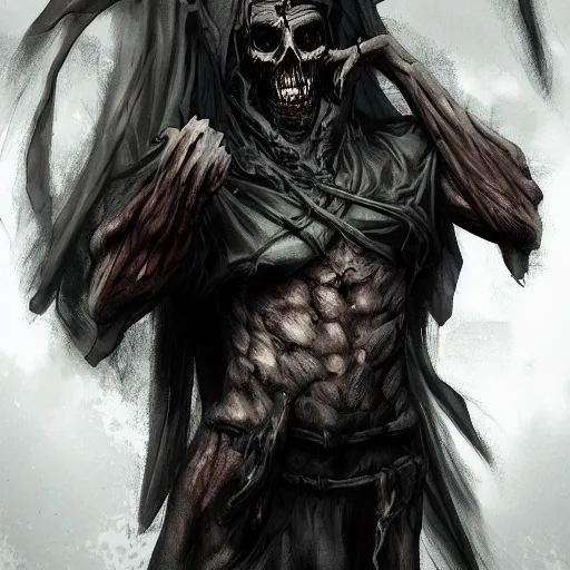 Prompt: wraith, undead, dynamic pose, skull, terrifying, dark, fog, artstation