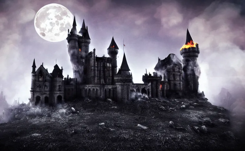 Prompt: a picture in high contrast of burning!!! gothic! castle in smoke on a hill, chaos, full moon in clouds, visual art, 8 k resolution, 3 d modelling, soft lighting