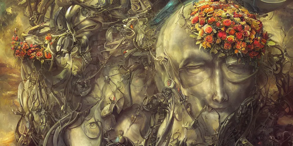 Prompt: artgem, Tyler Edlin and Jean Delville, wide angle robot head with flowers growing out, highly detailed, masterpiece