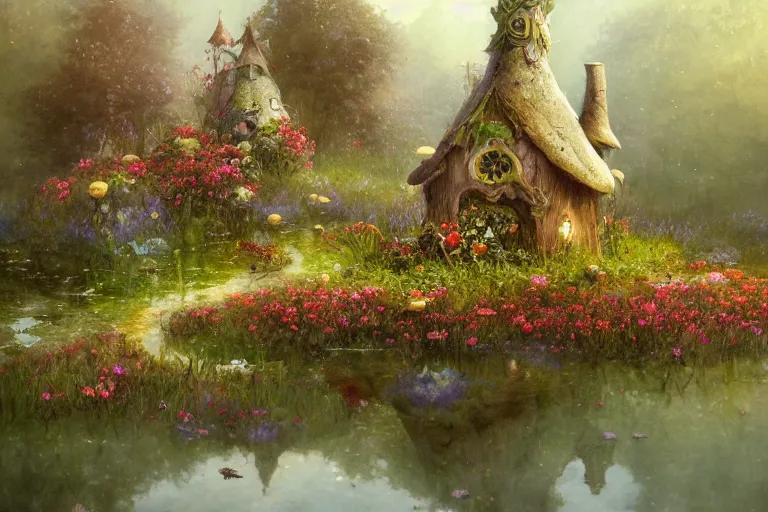 Image similar to wide angle view, a beautiful digital painting of a fairy house made of mushroms in a lake, flowers, beautiful tranquil day, by greg rutkowski, brian froud, peter mohrbacher, jean - baptiste monge, and alphonse mucha, symmetry, complementary colors, ink illustration, trending on artstation