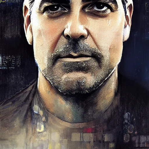 Image similar to george clooney, hyperrealistic portrait, bladerunner street, art of elysium by jeremy mann and alphonse mucha, fantasy art, photo realistic, dynamic lighting, artstation, poster, volumetric lighting, very detailed face, 4 k, award winning