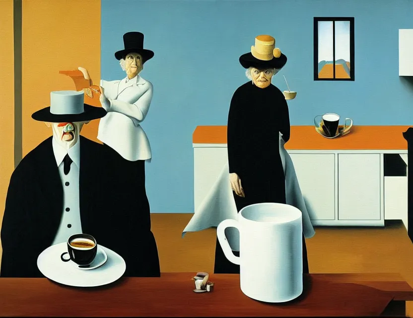 Prompt: a painting of a strange dusty professor in black suite and hat and a old woman making a study of drinking ten cups of black coffee in five seconds in a kitchen that is melting dali, styled by rene magritte