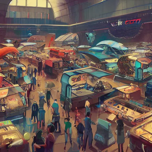 Image similar to busy sci - fi flea market by pu hua, artstation contest winner