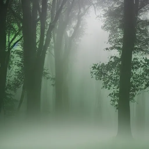 Image similar to deep rain forest scene, dark, dense fog, greenish lights