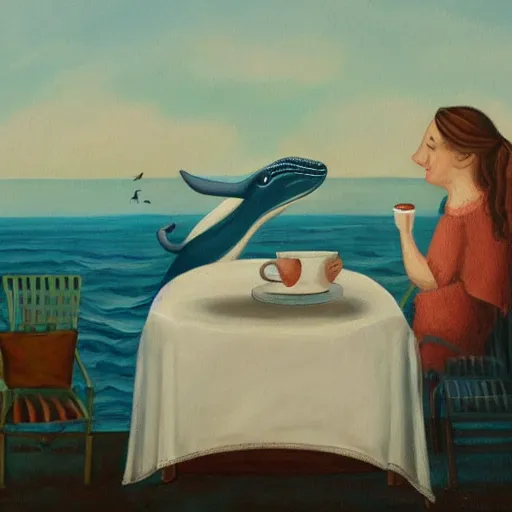 Prompt: A painting of a whale and a sea monster sharing a cup of tea