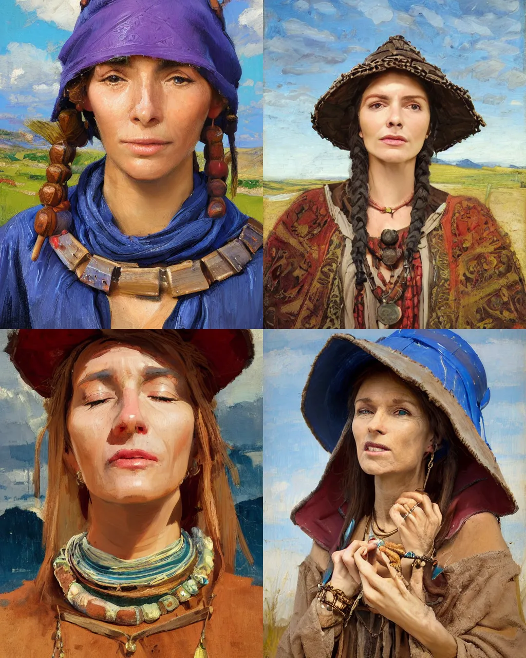 Image similar to portrait of medieval farmer woman with wooden jewelry, mediterranean features, wearing rich jewerly hat and deep blue boho poncho, fantasy character close up portrait, sitting dynamic pose, Low poly, thunder clouds in the sky, artwork by Jeremy Lipkin and Giuseppe Dangelico Pino and Michael Garmash and rob rey, levitation, industrial rusty pipes, simple form, brutal shapes