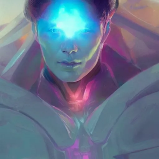 Image similar to shoulder level close up ethereal portrait of a beautiful force of the good light seraphim male futuristic angel, volume lighting, concept art, by greg rutkowski!!, colorful, xray melting colors!!