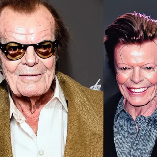 Prompt: Jack Nicholson is playing David Bowie in the new biographical movie, face makeup, grin