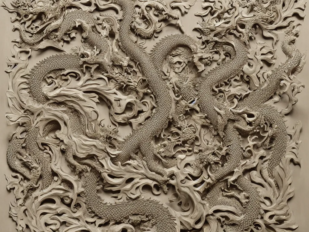 Image similar to dragon ivory wall carving,intricate fractal abstraction, artstation, John Kenn Mortensen, Mat Collishaw, complex, ultradetailed and intricate, high resolution