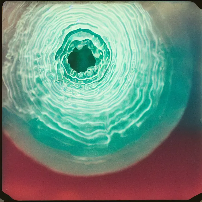 Prompt: a polaroid photograph of a deep ocean ribbon jelly, shallow depth of field