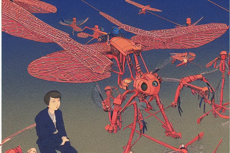 Image similar to gigantic dragonflies with human faces catch tiny planes, a lot of exotic mechas robots around, human heads are all over the ground, risograph by kawase hasui, dirtyrobot, edward hopper, satoshi kon and moebius, colorful flat surreal design, super - detailed, a lot of tiny details, fullshot