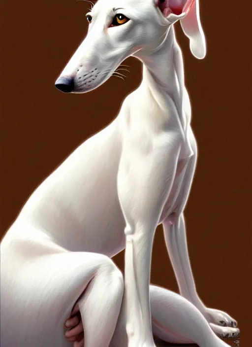 Image similar to cute white greyhound, natural lighting, path traced, highly detailed, high quality, digital painting, by don bluth and ross tran and studio ghibli and alphonse mucha, artgerm