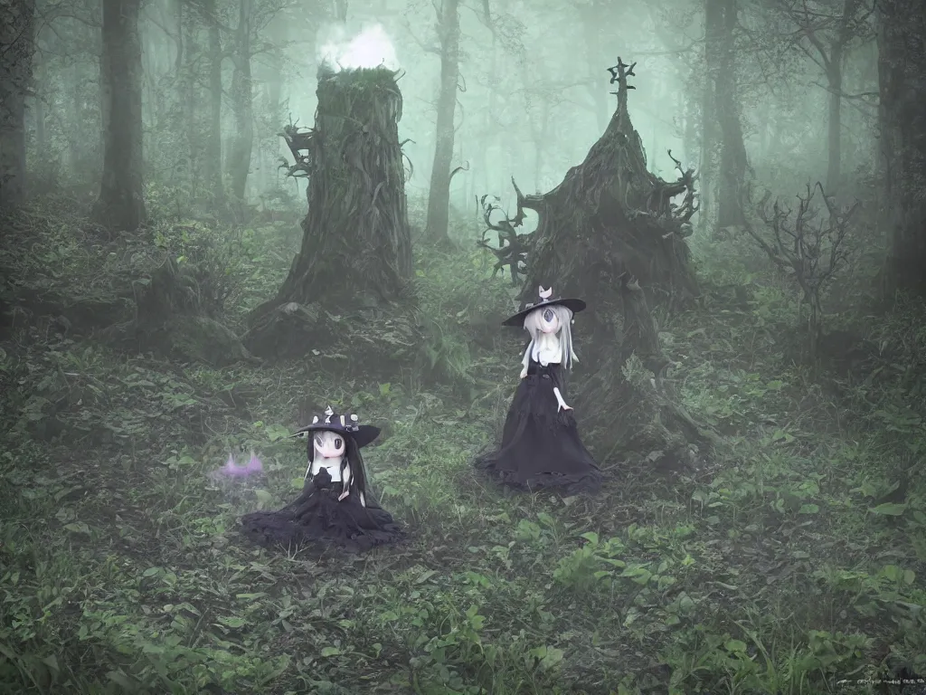 Prompt: cute gothic fumo plush witch girl ventures deep into the forbidden forest, malevolent glowing magical energy, ancient overgrown pagan monument summoning circle, volumetric fog and smoke, the bog of dark abyss, vray
