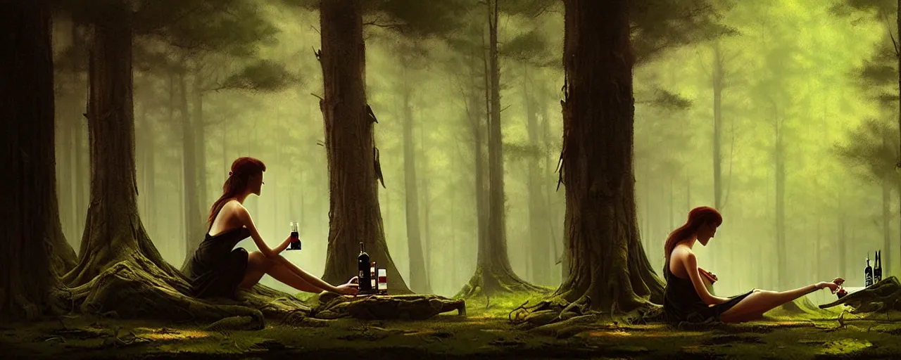 Image similar to girl drink jack daniels in forest, detailed digital art by greg rutkowski.